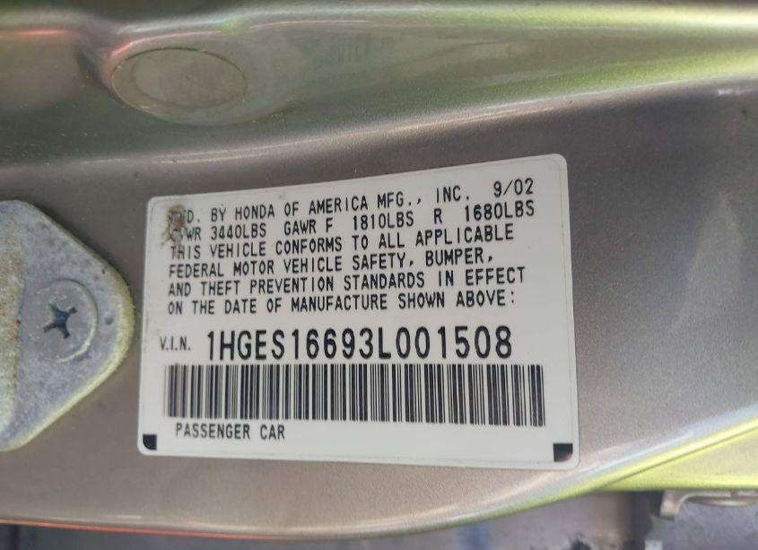 Photo 9 of 2003 Honda Civic LX (VIN 1HGES16693L001508)