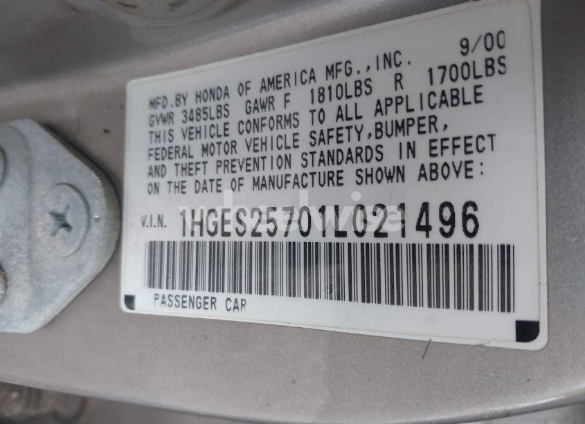 Photo 9 of 2001 Honda Civic EX (VIN 1HGES25701L021496)