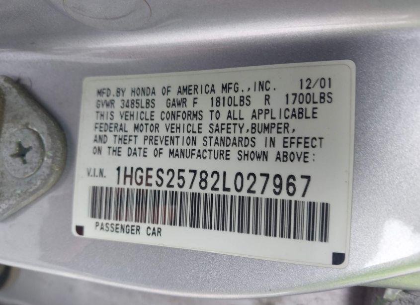 Photo 9 of 2002 Honda Civic EX (VIN 1HGES25782L027967)