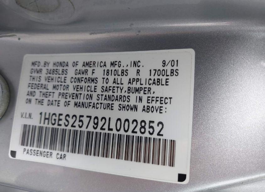 Photo 9 of 2002 Honda Civic EX (VIN 1HGES25792L002852)