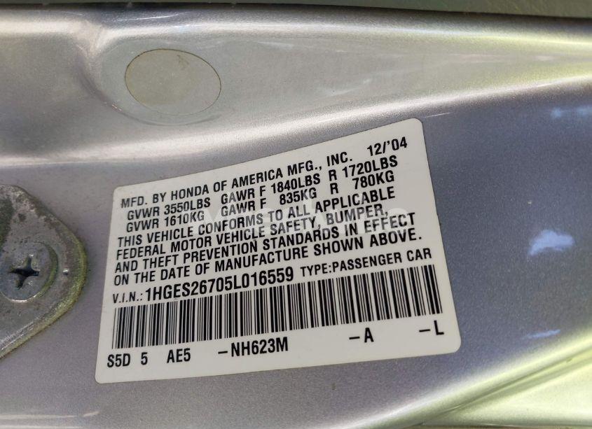 Photo 9 of 2005 Honda Civic EX (VIN 1HGES26705L016559)
