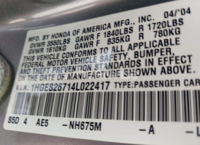 Photo 9 of 2004 Honda Civic EX (VIN 1HGES26714L022417)