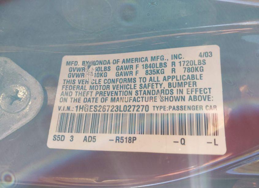 Photo 9 of 2003 Honda Civic EX (VIN 1HGES26723L027270)