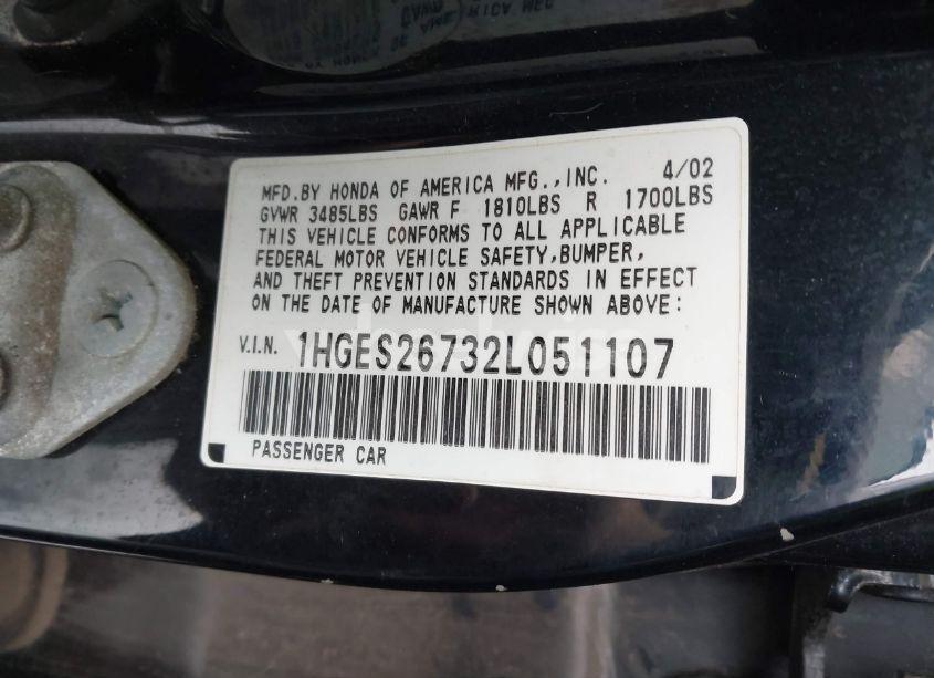 Photo 9 of 2002 Honda Civic EX (VIN 1HGES26732L051107)