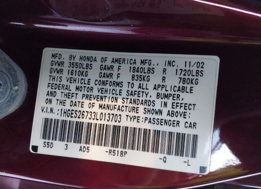 Photo 9 of 2003 Honda Civic EX (VIN 1HGES26733L013703)