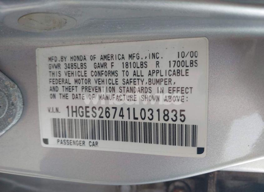 Photo 9 of 2001 Honda Civic EX (VIN 1HGES26741L031835)