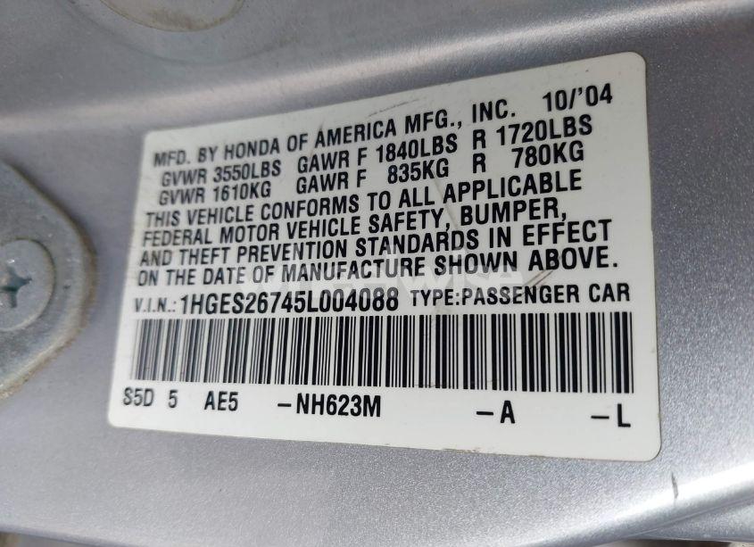 Photo 9 of 2005 Honda Civic EX (VIN 1HGES26745L004088)