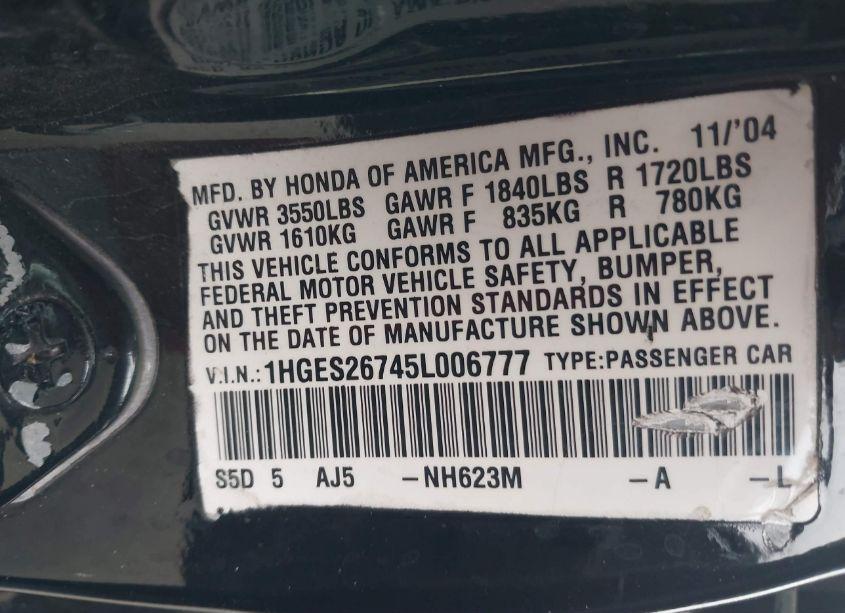 Photo 9 of 2005 Honda Civic EX (VIN 1HGES26745L006777)