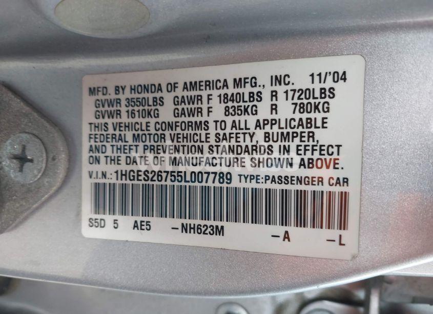 Photo 9 of 2005 Honda Civic EX (VIN 1HGES26755L007789)