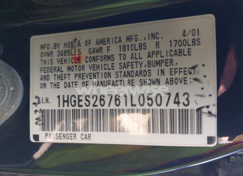 Photo 9 of 2001 Honda Civic EX (VIN 1HGES26761L050743)