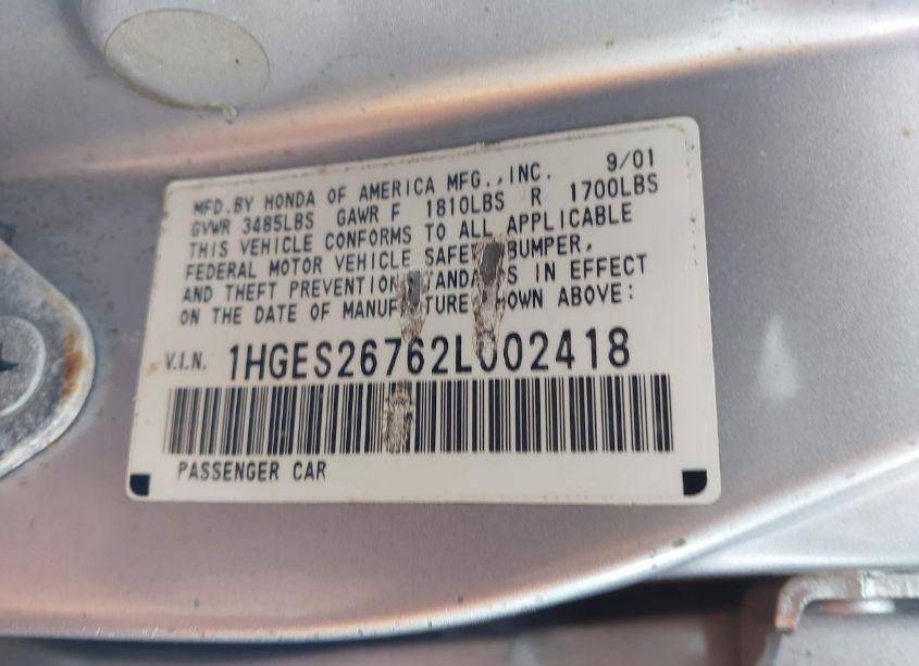 Photo 9 of 2002 Honda Civic EX (VIN 1HGES26762L002418)