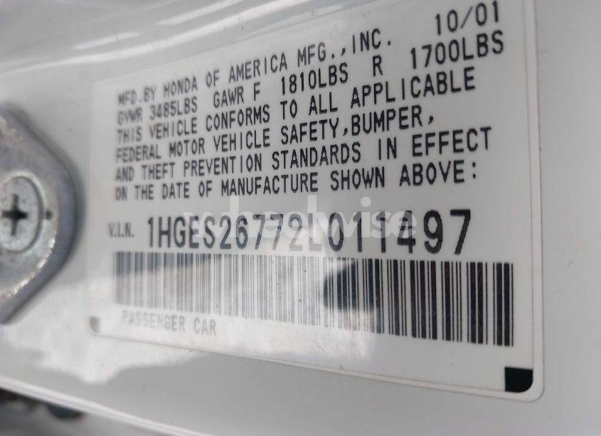 Photo 9 of 2002 Honda Civic EX (VIN 1HGES26772L011497)