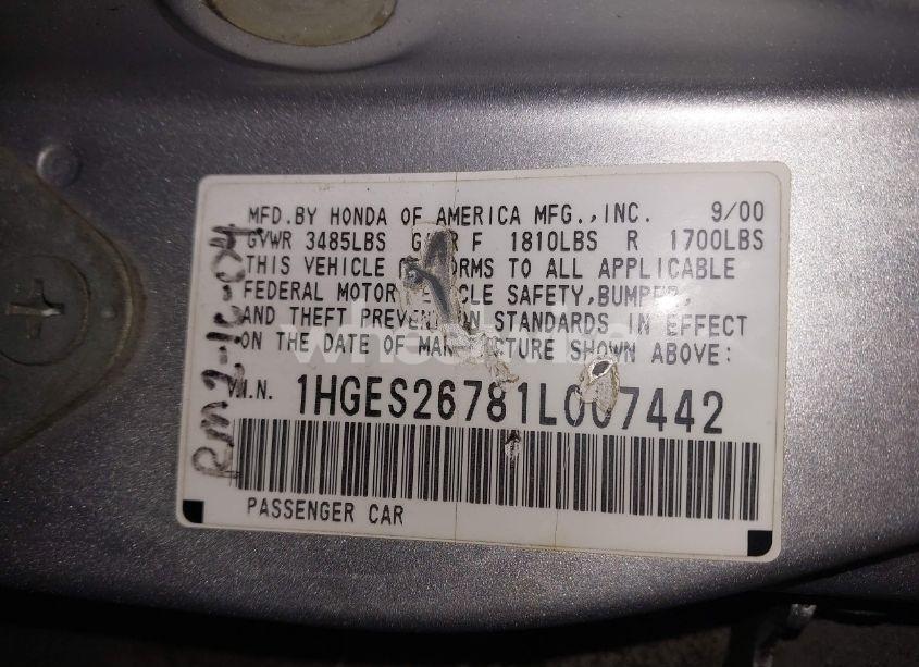 Photo 9 of 2001 Honda Civic EX (VIN 1HGES26781L007442)