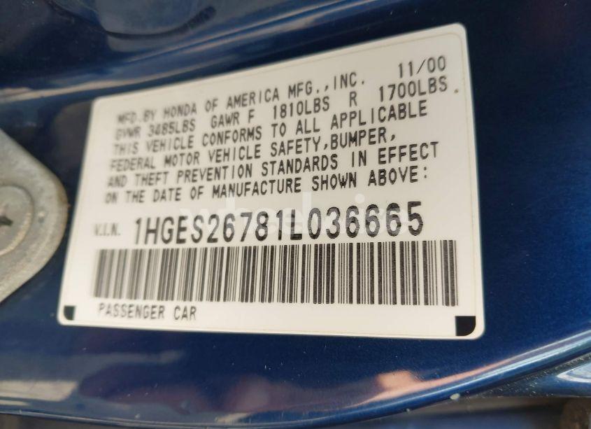 Photo 9 of 2001 Honda Civic EX (VIN 1HGES26781L036665)