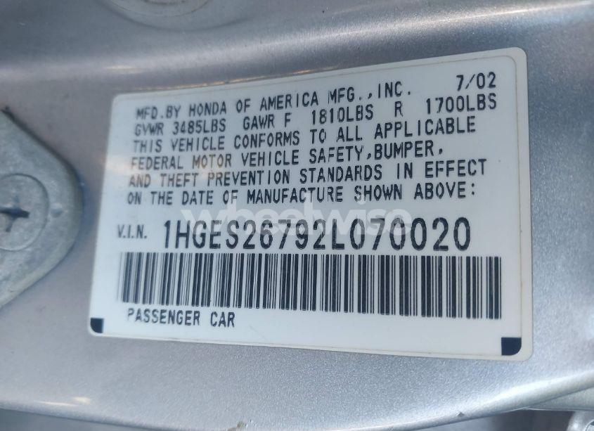 Photo 9 of 2002 Honda Civic EX (VIN 1HGES26792L070020)