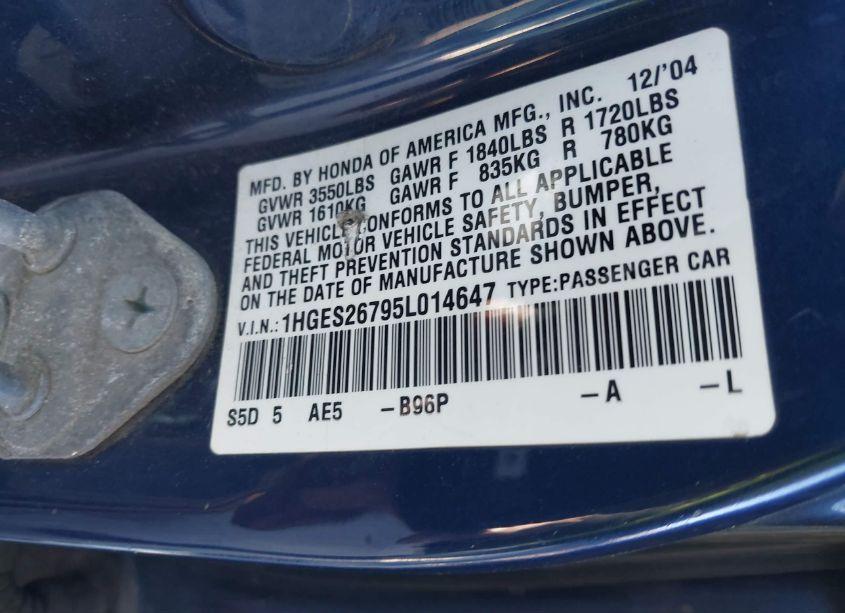 Photo 9 of 2005 Honda Civic EX (VIN 1HGES26795L014647)