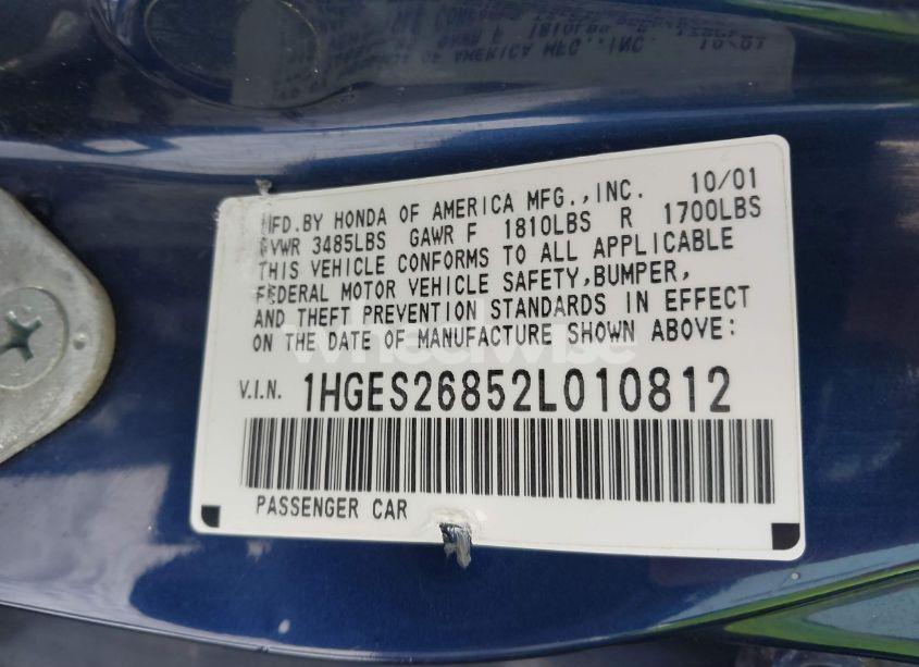 Photo 9 of 2002 Honda Civic EX (VIN 1HGES26852L010812)