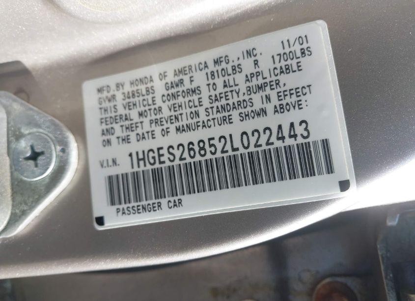 Photo 9 of 2002 Honda Civic EX (VIN 1HGES26852L022443)