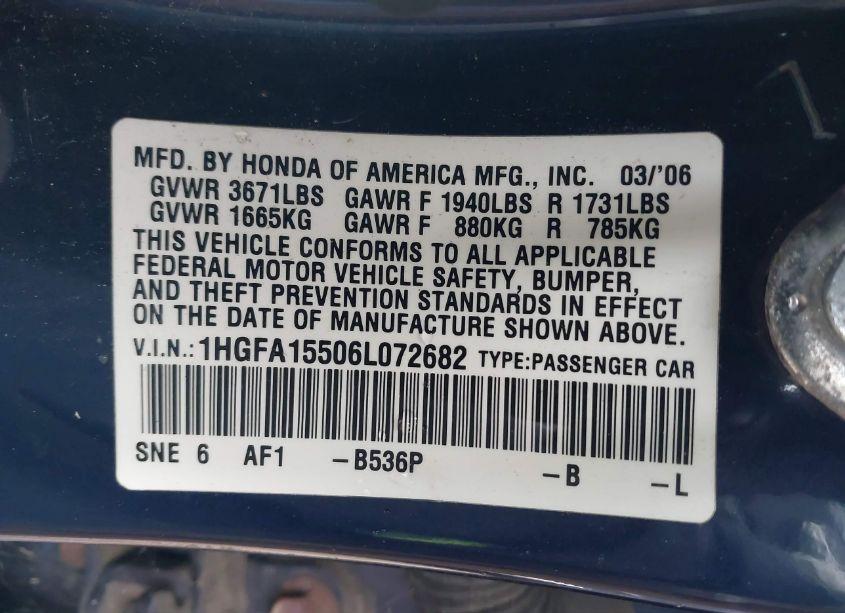 Photo 9 of 2006 Honda Civic LX (VIN 1HGFA15506L072682)