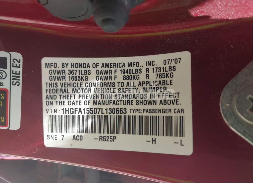 Photo 9 of 2007 Honda Civic LX (VIN 1HGFA15507L130663)