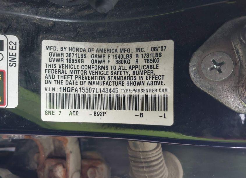 Photo 9 of 2007 Honda Civic LX (VIN 1HGFA15507L143445)