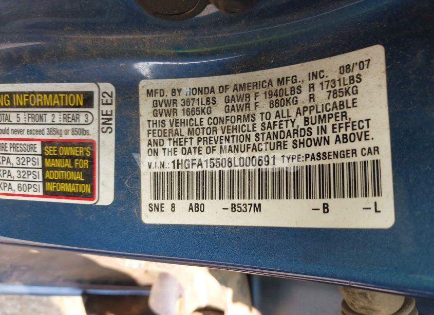 Photo 9 of 2008 Honda Civic LX (VIN 1HGFA15508L000691)