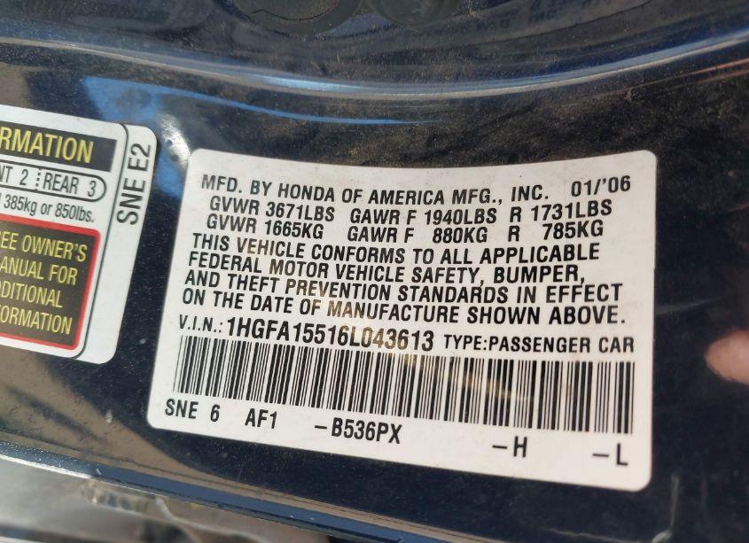 Photo 9 of 2006 Honda Civic LX (VIN 1HGFA15516L043613)