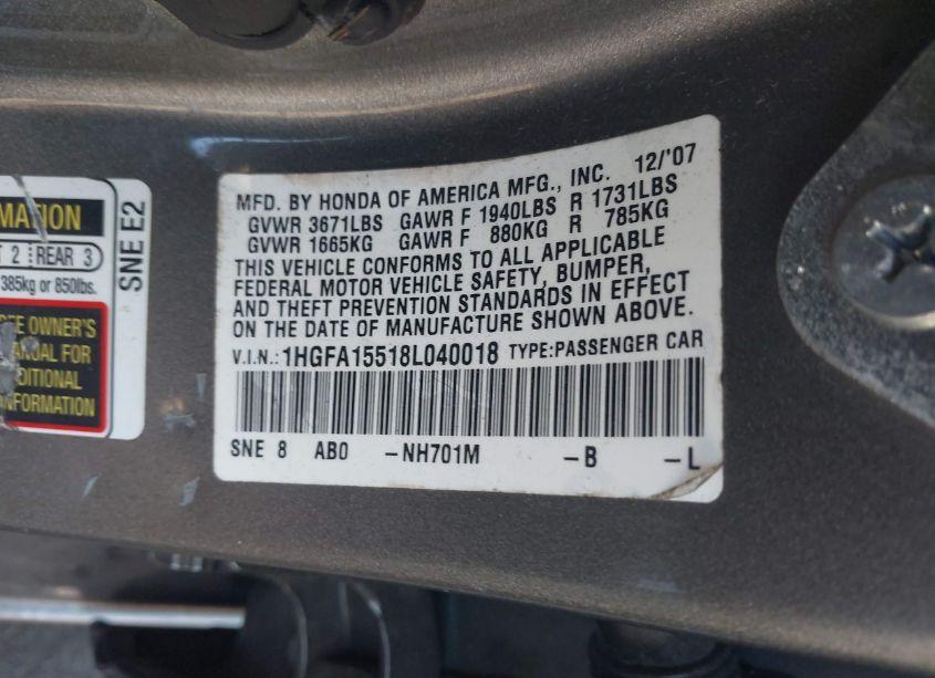Photo 9 of 2008 Honda Civic LX (VIN 1HGFA15518L040018)