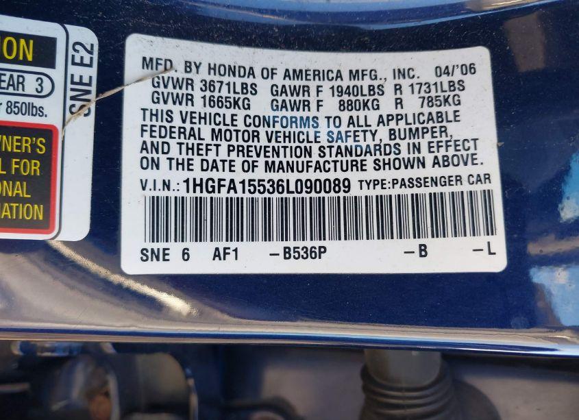 Photo 9 of 2006 Honda Civic LX (VIN 1HGFA15536L090089)