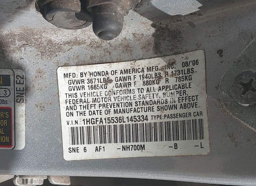 Photo 9 of 2006 Honda Civic LX (VIN 1HGFA15536L145334)