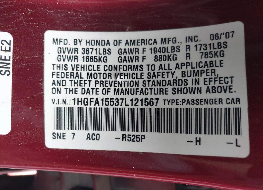 Photo 9 of 2007 Honda Civic LX (VIN 1HGFA15537L121567)