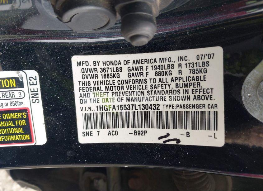 Photo 9 of 2007 Honda Civic LX (VIN 1HGFA15537L130432)