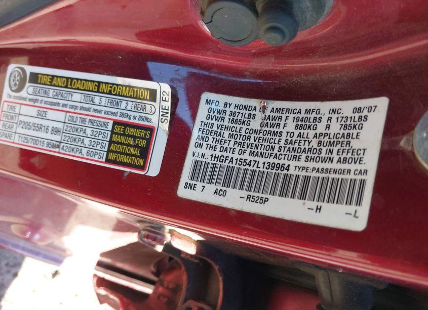 Photo 9 of 2007 Honda Civic LX (VIN 1HGFA15547L139964)