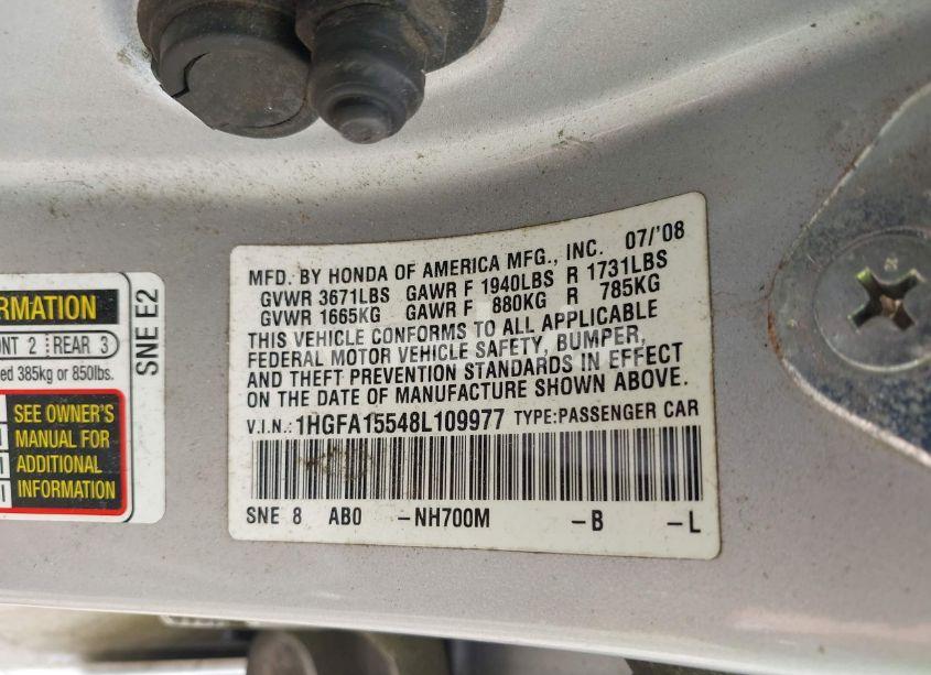 Photo 9 of 2008 Honda Civic LX (VIN 1HGFA15548L109977)