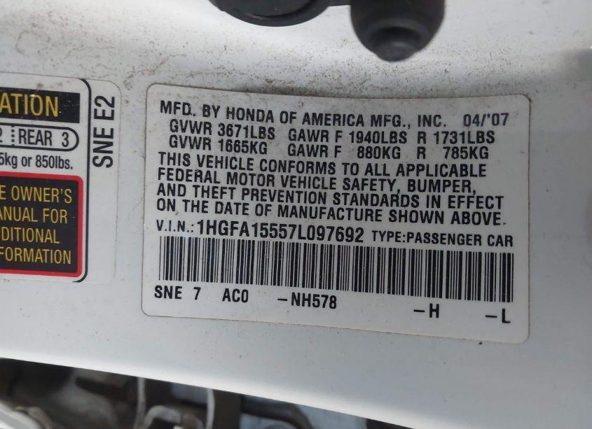 Photo 9 of 2007 Honda Civic LX (VIN 1HGFA15557L097692)