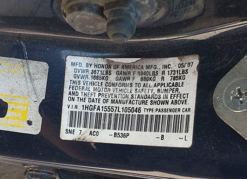 Photo 9 of 2007 Honda Civic LX (VIN 1HGFA15557L105046)