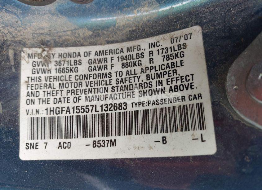 Photo 9 of 2007 Honda Civic LX (VIN 1HGFA15557L132683)