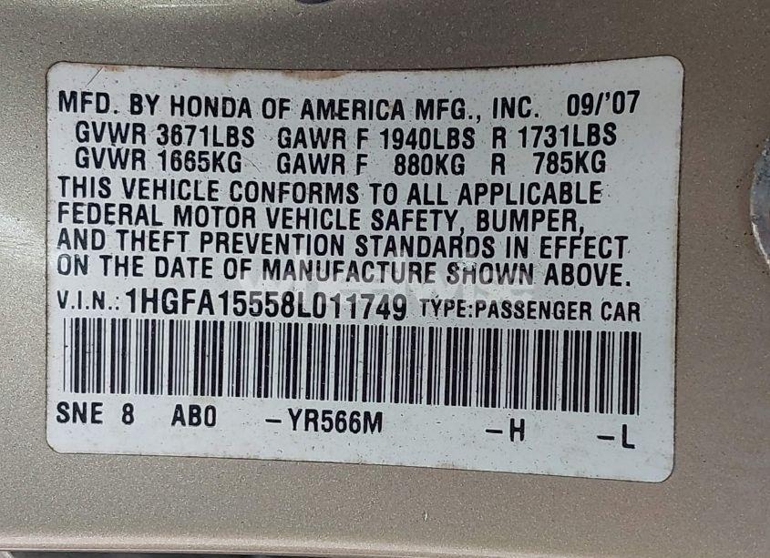 Photo 9 of 2008 Honda Civic LX (VIN 1HGFA15558L011749)