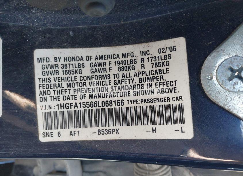 Photo 9 of 2006 Honda Civic LX (VIN 1HGFA15566L068166)