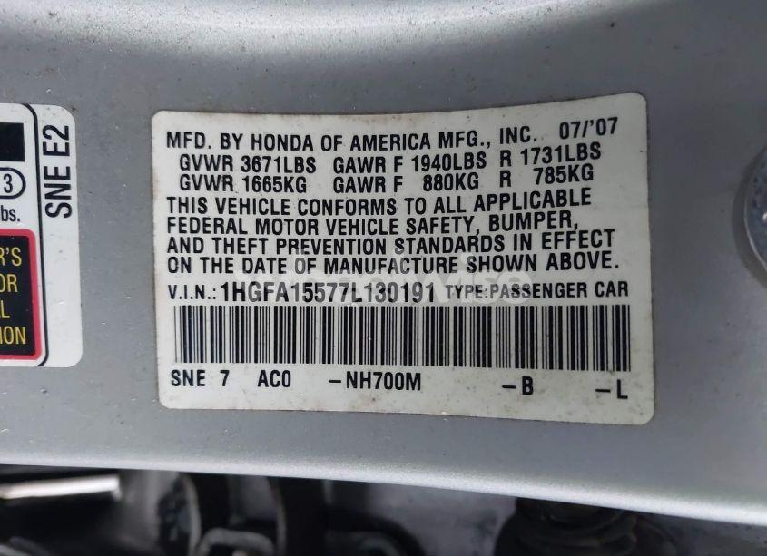 Photo 9 of 2007 Honda Civic LX (VIN 1HGFA15577L130191)