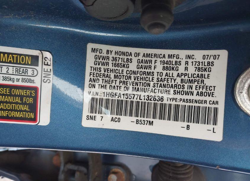 Photo 9 of 2007 Honda Civic LX (VIN 1HGFA15577L132636)