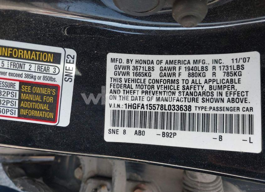 Photo 9 of 2008 Honda Civic LX (VIN 1HGFA15578L033638)