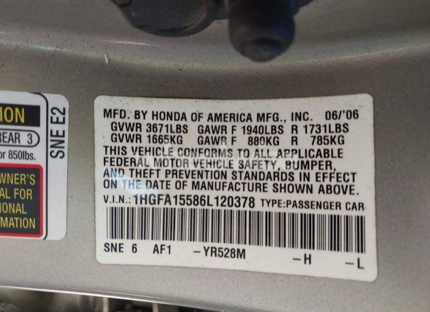 Photo 9 of 2006 Honda Civic LX (VIN 1HGFA15586L120378)