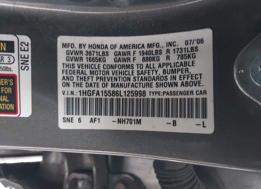 Photo 9 of 2006 Honda Civic LX (VIN 1HGFA15586L125998)