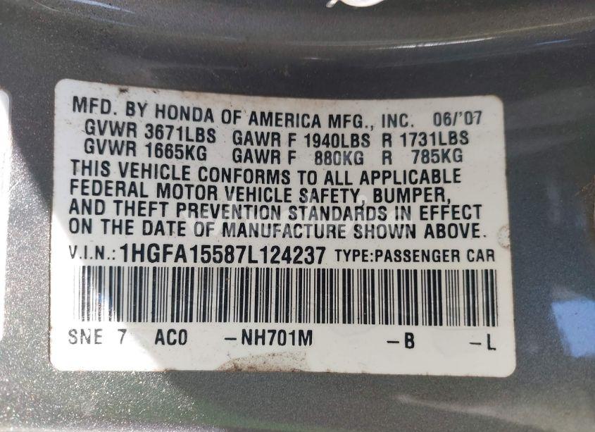 Photo 9 of 2007 Honda Civic LX (VIN 1HGFA15587L124237)