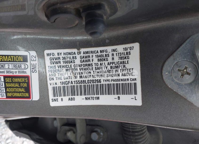 Photo 9 of 2008 Honda Civic LX (VIN 1HGFA15588L020266)