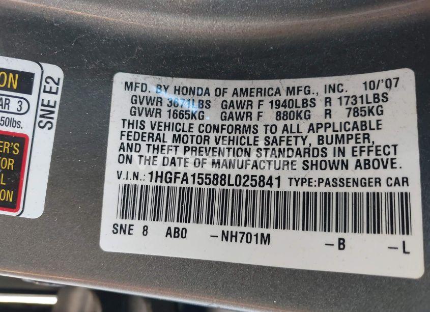 Photo 9 of 2008 Honda Civic LX (VIN 1HGFA15588L025841)