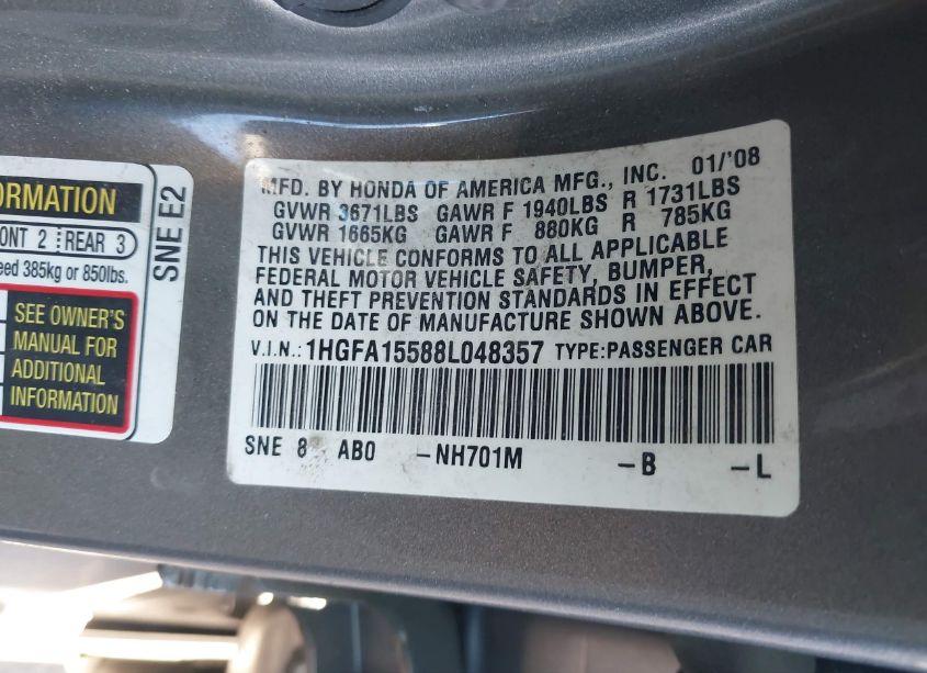 Photo 9 of 2008 Honda Civic LX (VIN 1HGFA15588L048357)