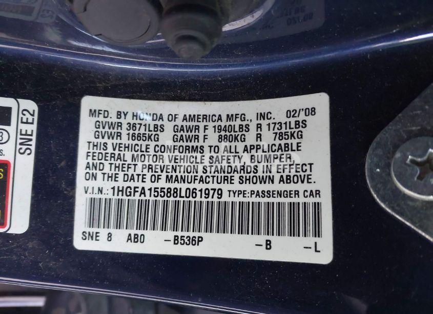 Photo 9 of 2008 Honda Civic LX (VIN 1HGFA15588L061979)
