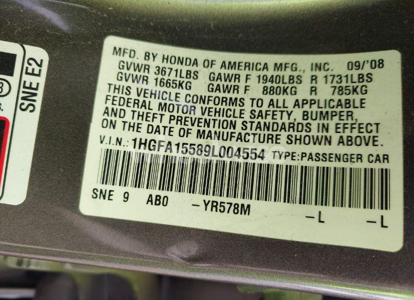 Photo 9 of 2009 Honda Civic LX (VIN 1HGFA15589L004554)